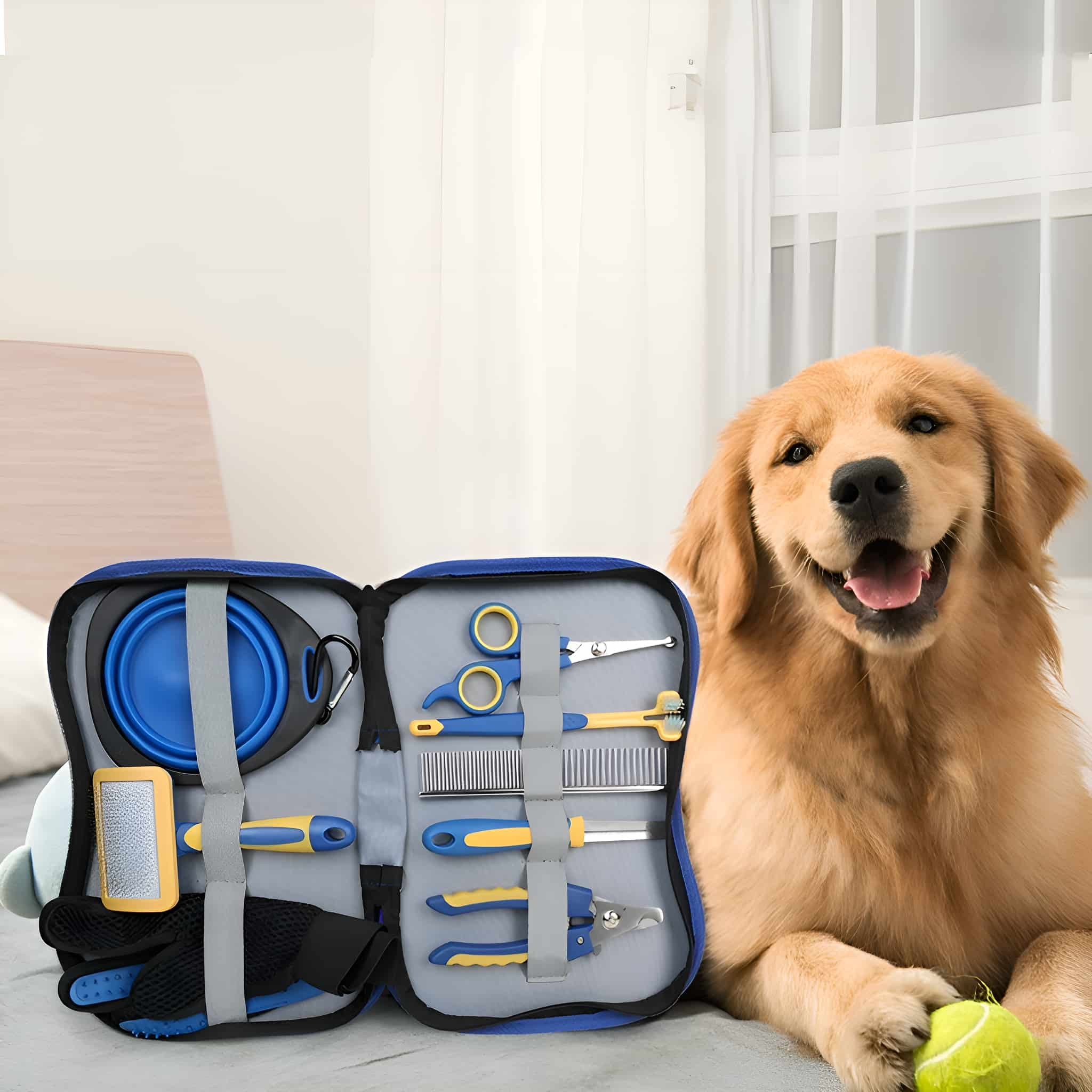 Hunde-Pflegeset mit Werkzeugen und einem glücklichen Golden Retriever. Das Set ist auf einem Bett mit Fenster im Hintergrund geöffnet.