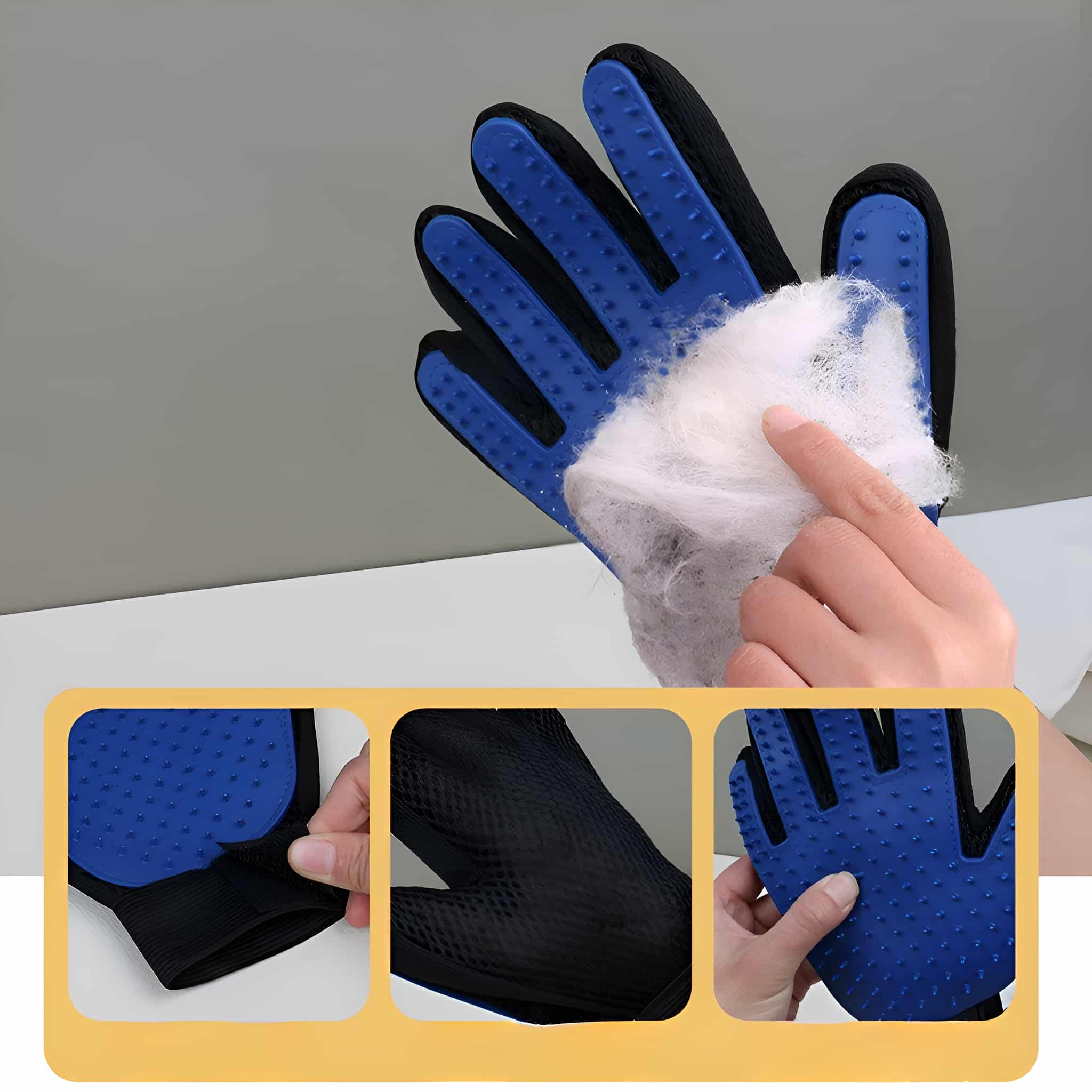 Blauer Pflegehandschuh mit schwarzen Akzenten. Enthält Nahaufnahmen und einen weißen Hintergrund.