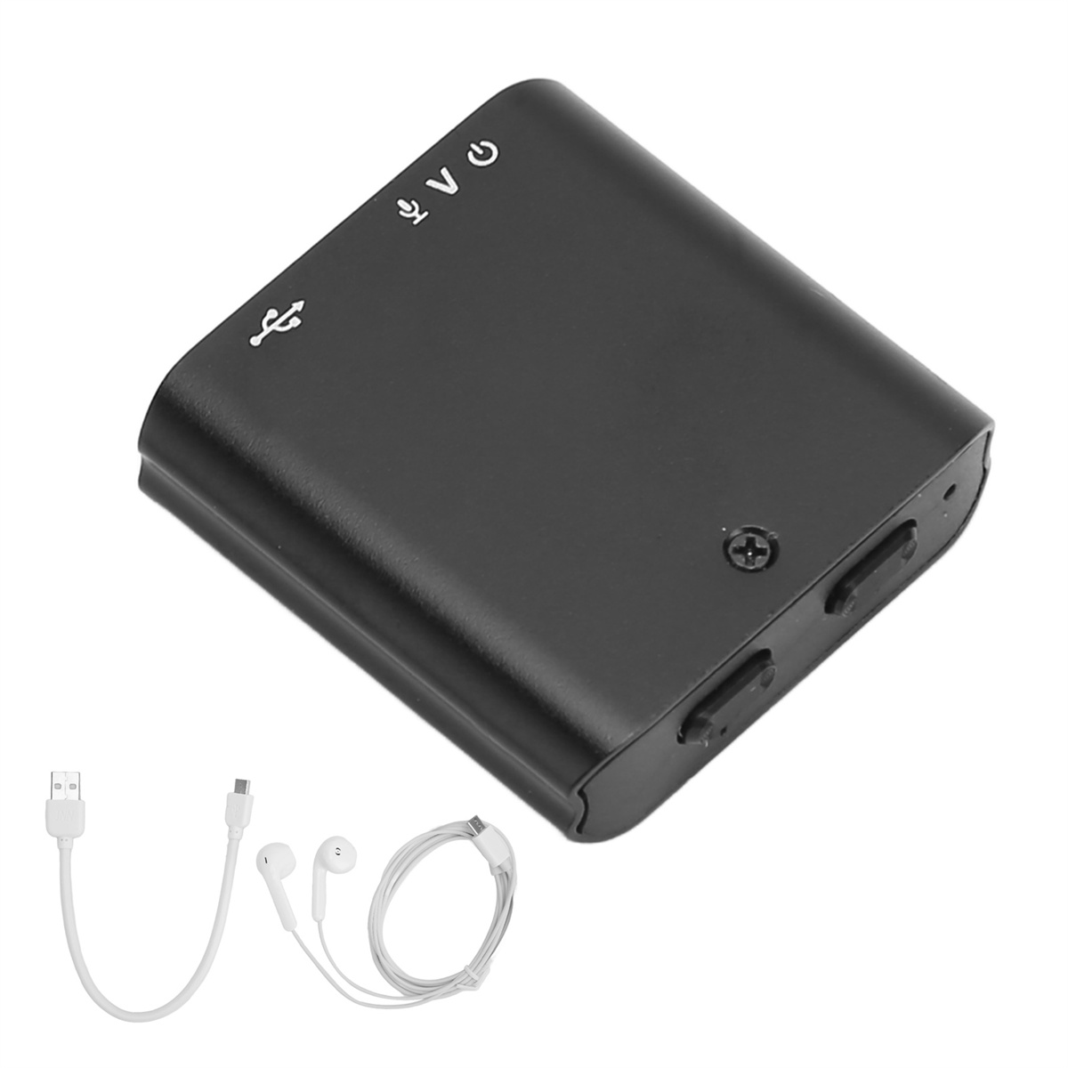 Kleiner schwarzer Audiorecorder mit USB- und Kopfhörerkabeln.