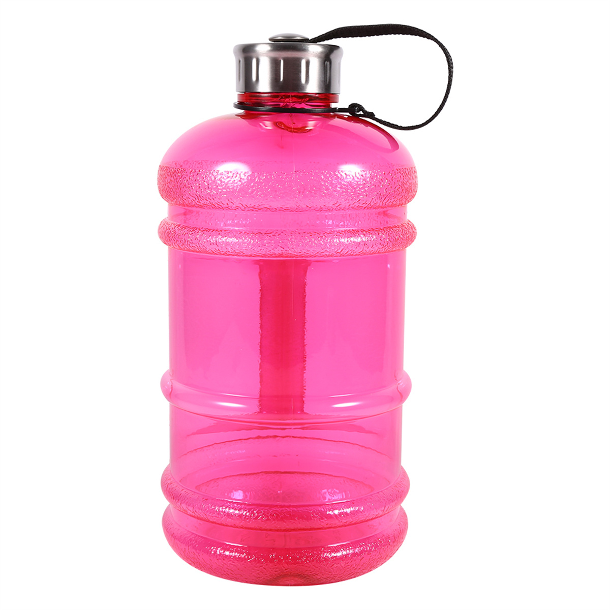Eine rosa Wasserflasche mit schwarzem Griff und silbernem Deckel.