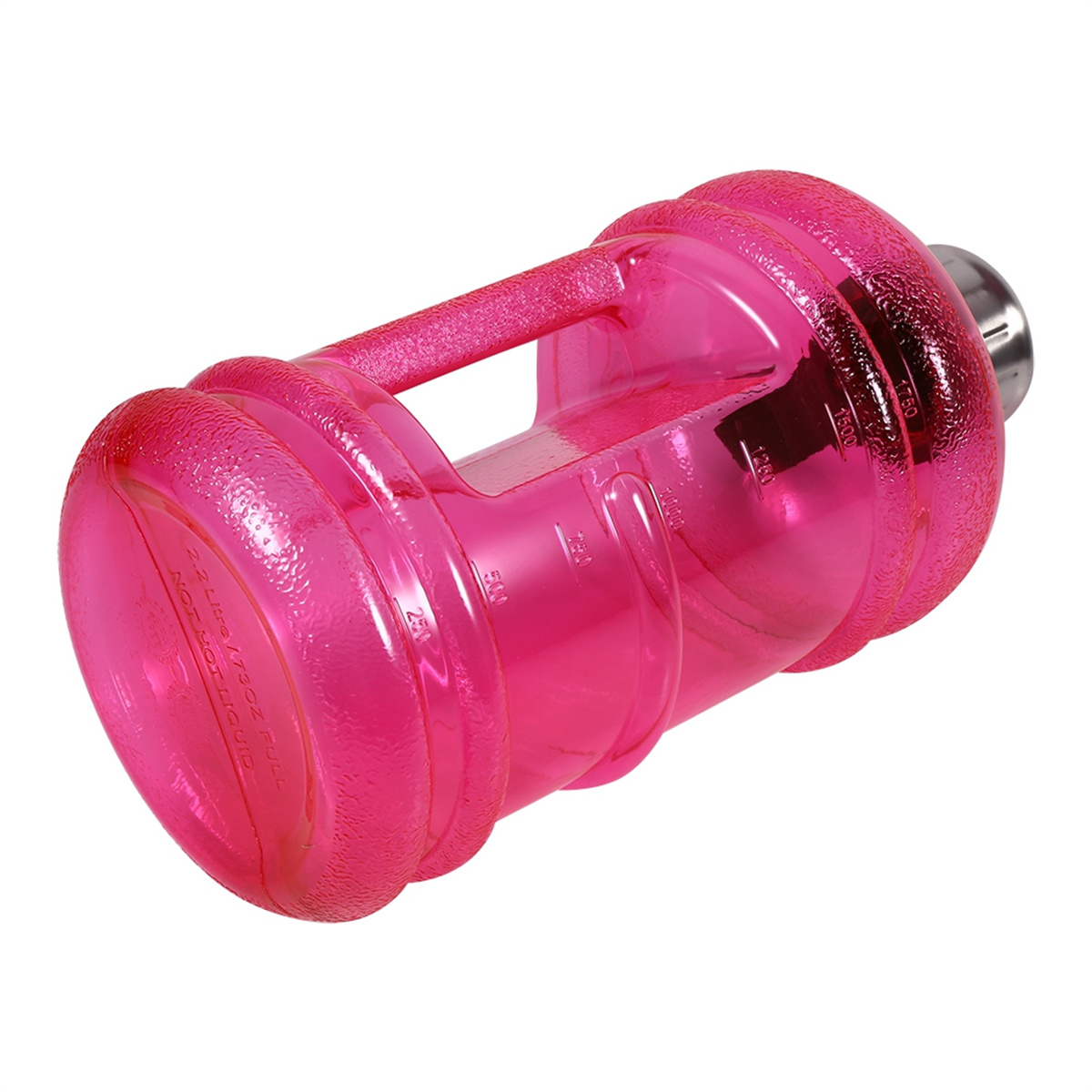 Eine rosa Wasserflasche mit Griff. Klar mit Volumenmarkierungen und einem silbernen Verschluss.