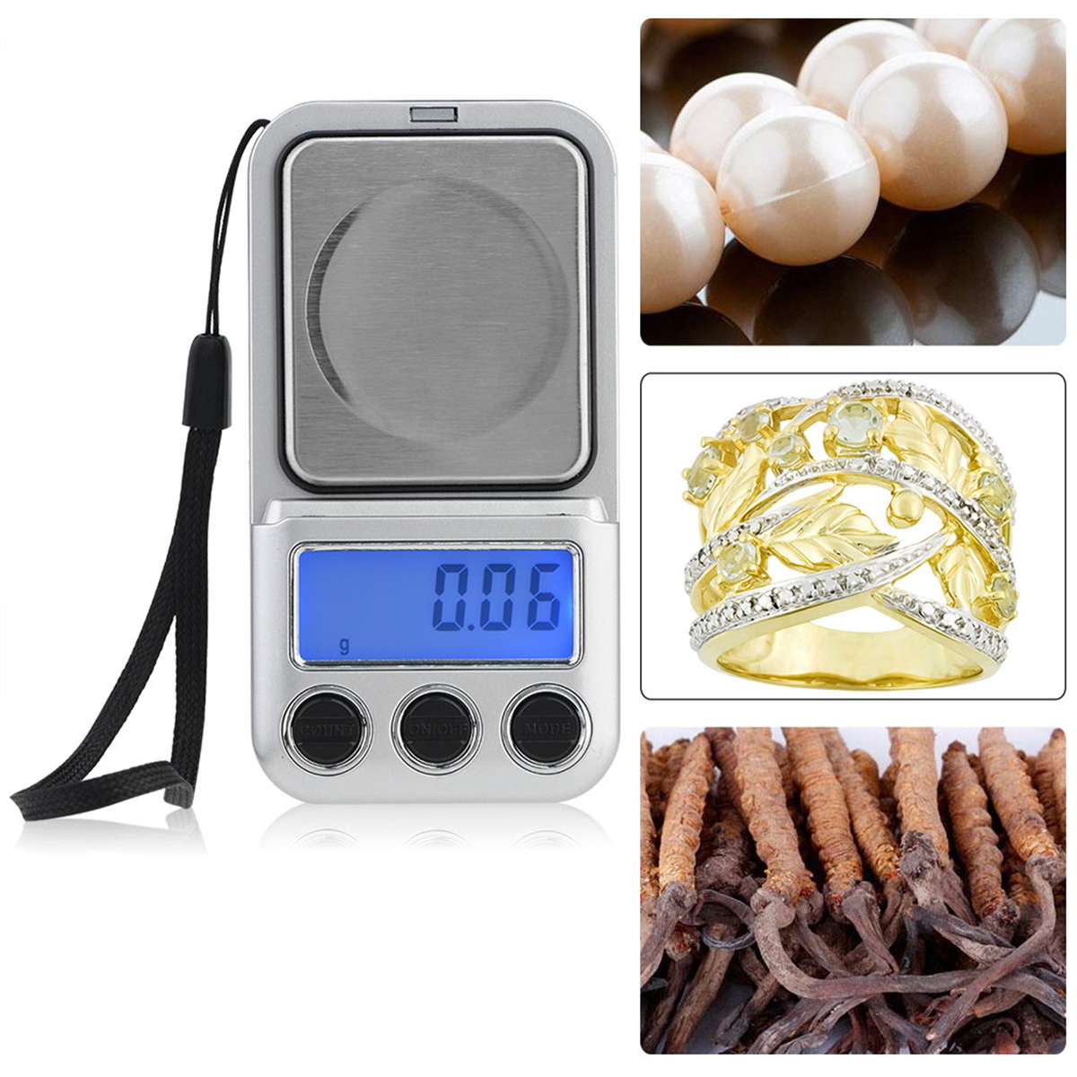 Waage mit Perlen, einem Ring und Cordyceps-Pilzen.