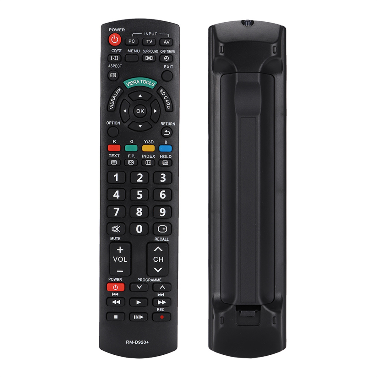 Schwarze Fernbedienung, Vorder- und Rückansicht. Es hat viele Tasten für TV-Funktionen.