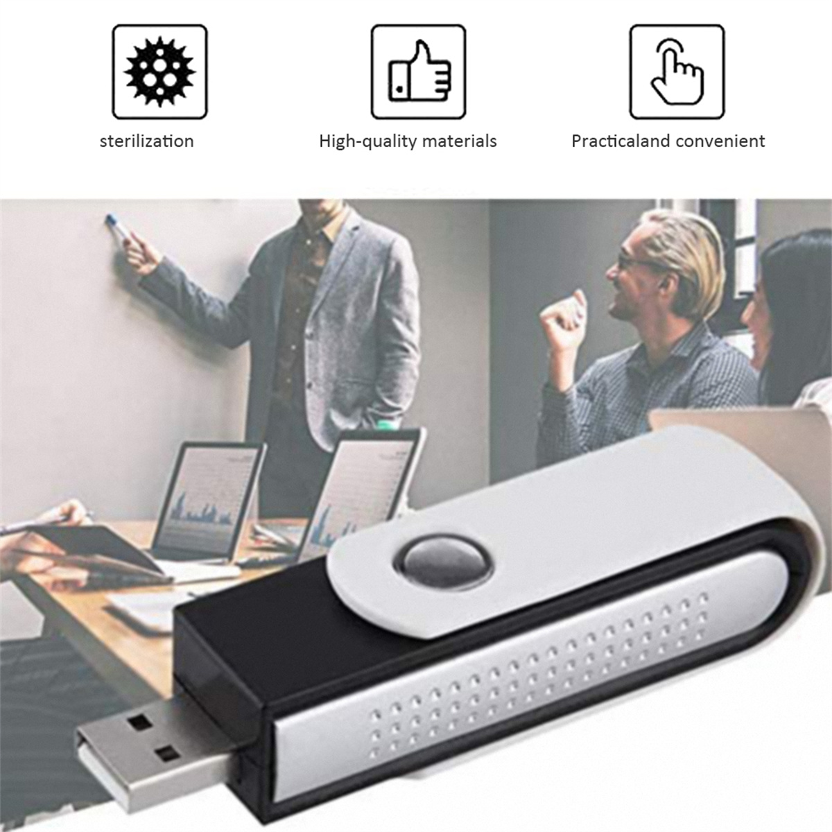 USB-Stick mit Personen im Hintergrund. Symbole für Sterilisation, Qualität und Komfort.