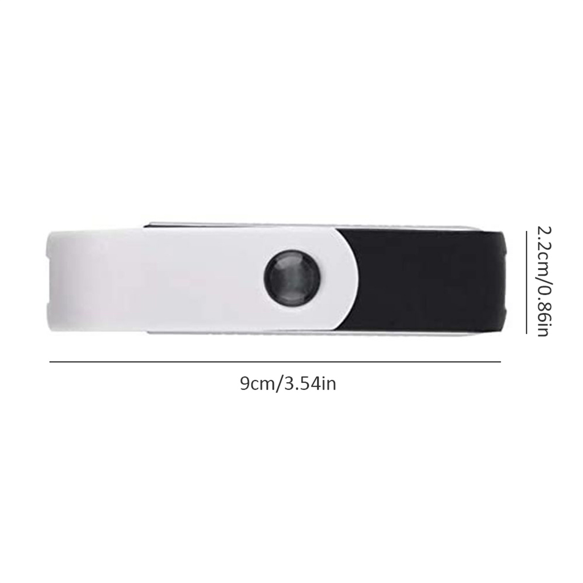 Ein kleines weißes und schwarzes Gerät. Abmessungen: 9 cm/3,54 Zoll x 2,2 cm/0,86 Zoll.