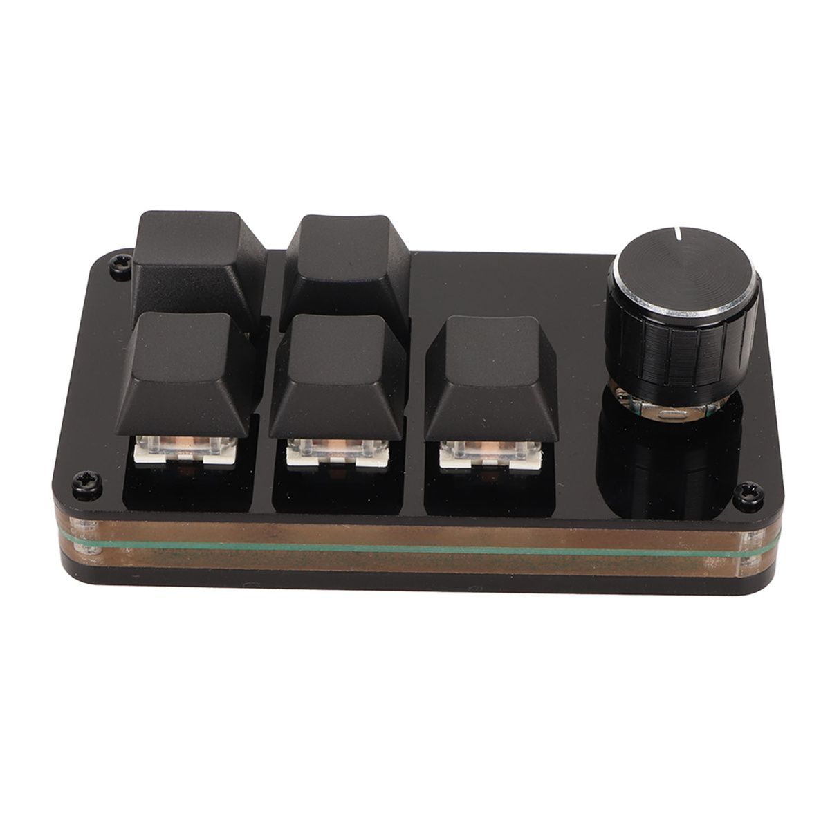 Schwarze mechanische Tastatur mit 5 Tasten und einem Drehgeber. Schwarze Basis. Weißer Hintergrund.