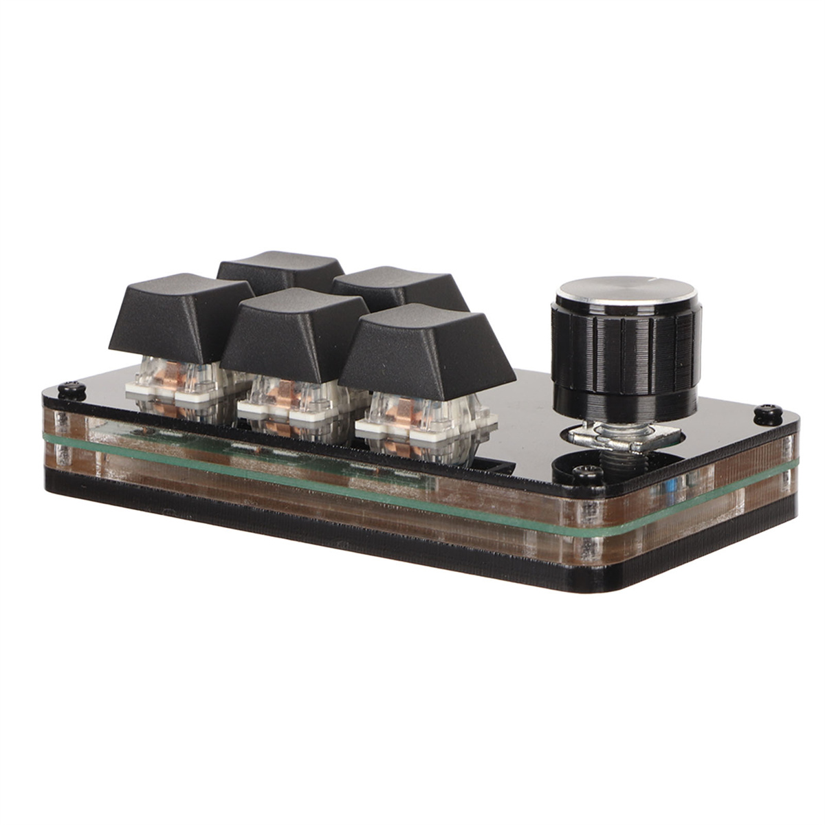 Eine schwarze Makro-Tastatur. Sechs schwarze Tasten und ein schwarzer Drehknopf auf einer schwarzen Oberfläche.