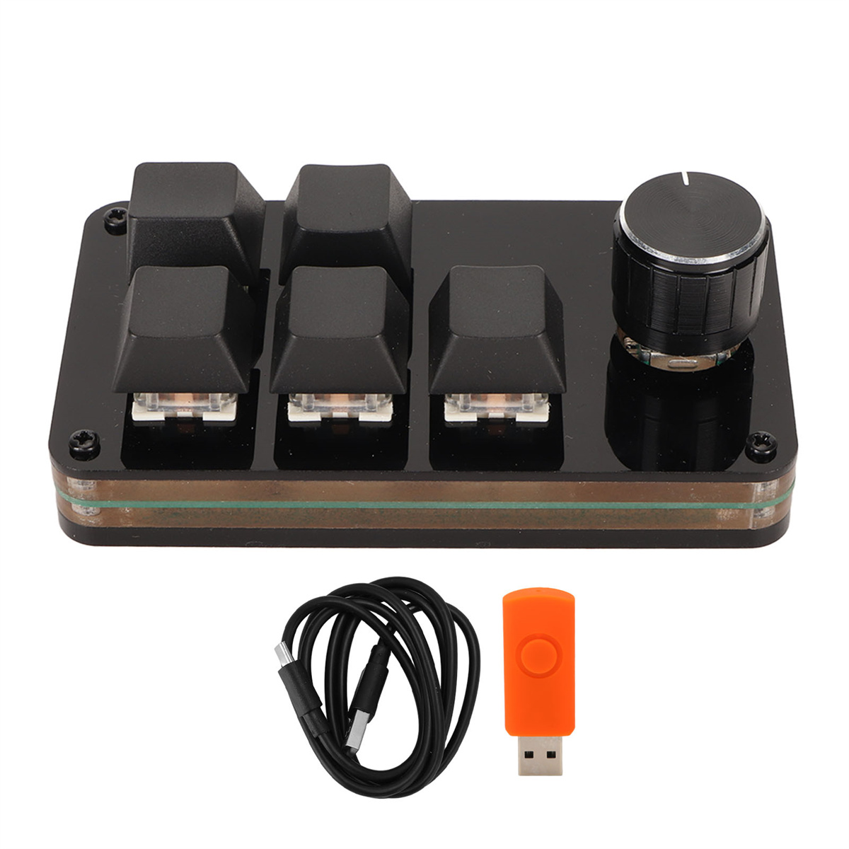 Schwarze mechanische 5-Tasten-Tastatur mit Knopf und USB-Kabel.