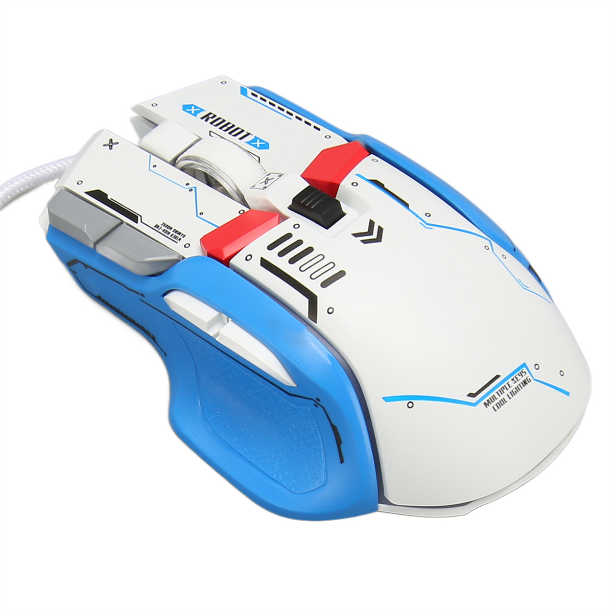 Weiße und blaue Gaming-Maus mit mehreren Tasten. Ein weißes Kabel ist angeschlossen.