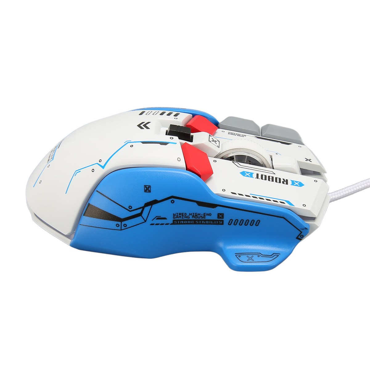 Weiße und blaue Gaming-Maus mit roten Tasten.