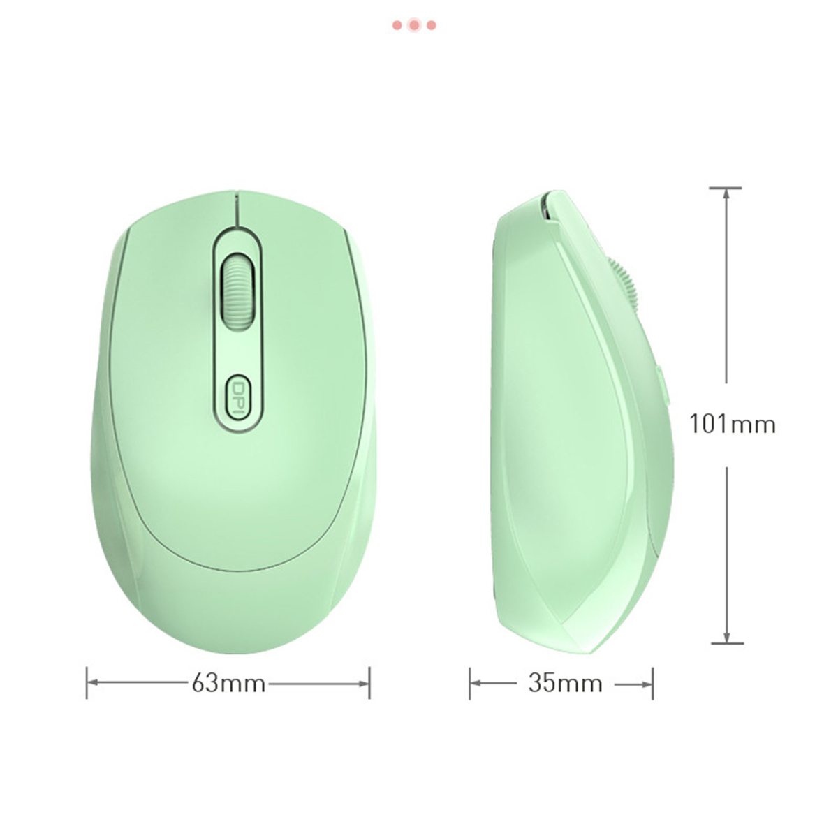 Eine mintgrüne kabellose Maus mit den Maßen: 63 mm x 35 mm x 101 mm.