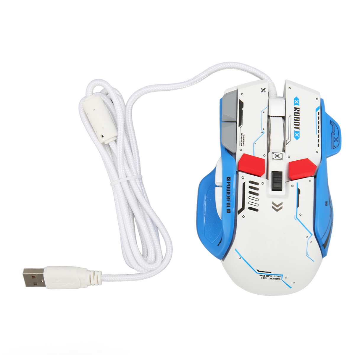 Eine weiß-blaue Gaming-Maus mit weißem Kabel und USB-Stecker. Sie hat rote und blaue Akzente.