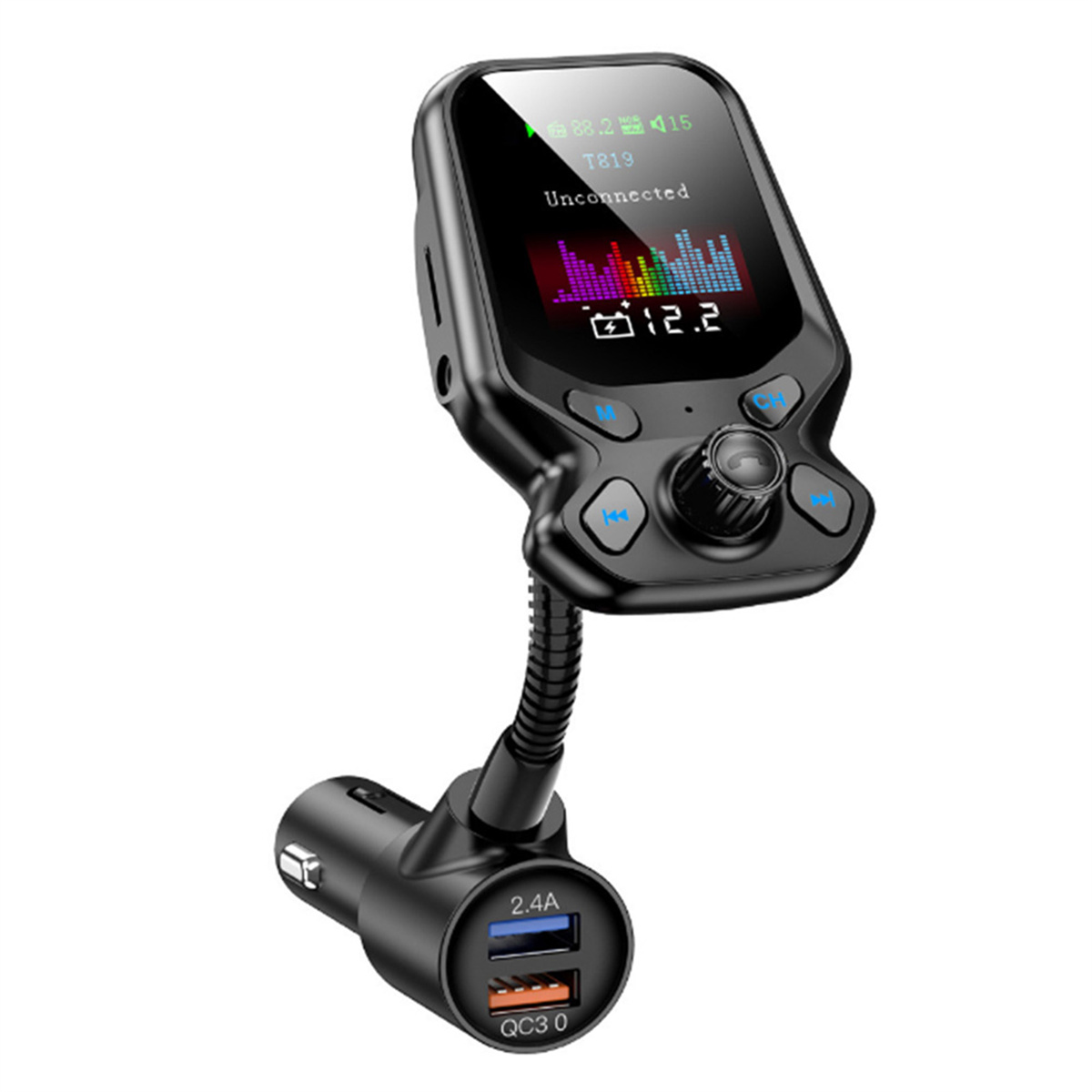 Ein schwarzer MP3-Player für das Auto mit Display, Tasten und USB-Anschl üssen. Es zeigt Daten an.