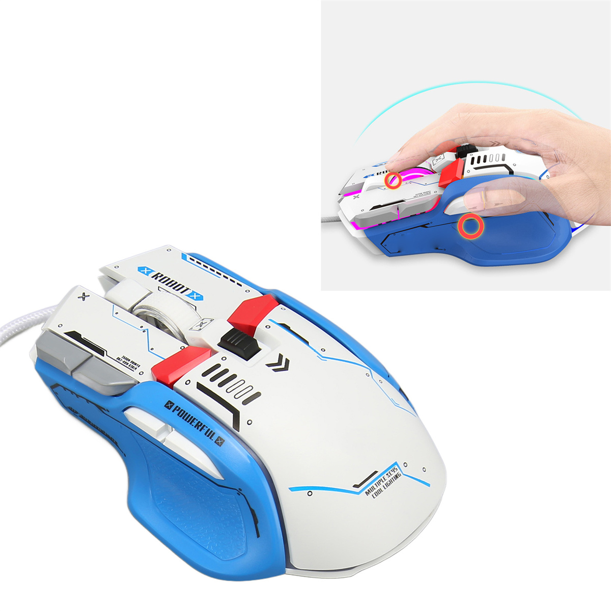 Gaming-Maus, weiß und blau mit roten Akzenten. Eine Hand benutzt sie, Nahaufnahme gezeigt.