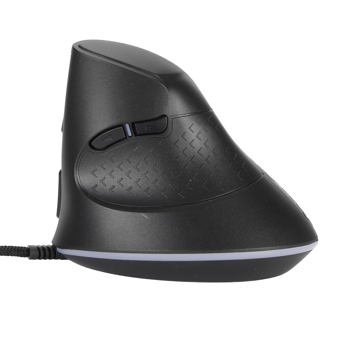 Schwarze ergonomische Maus mit Tasten. Vertikales Design mit Kabelanschluss.