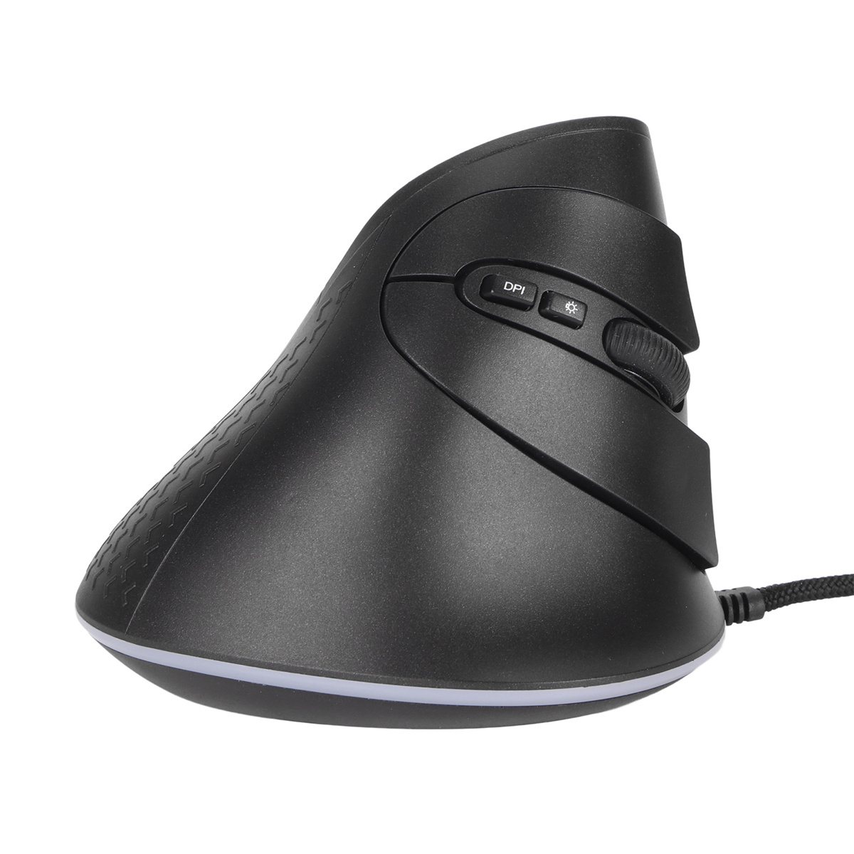 Eine schwarze ergonomische Maus mit Tasten und einem Scrollrad, für Komfort entworfen.