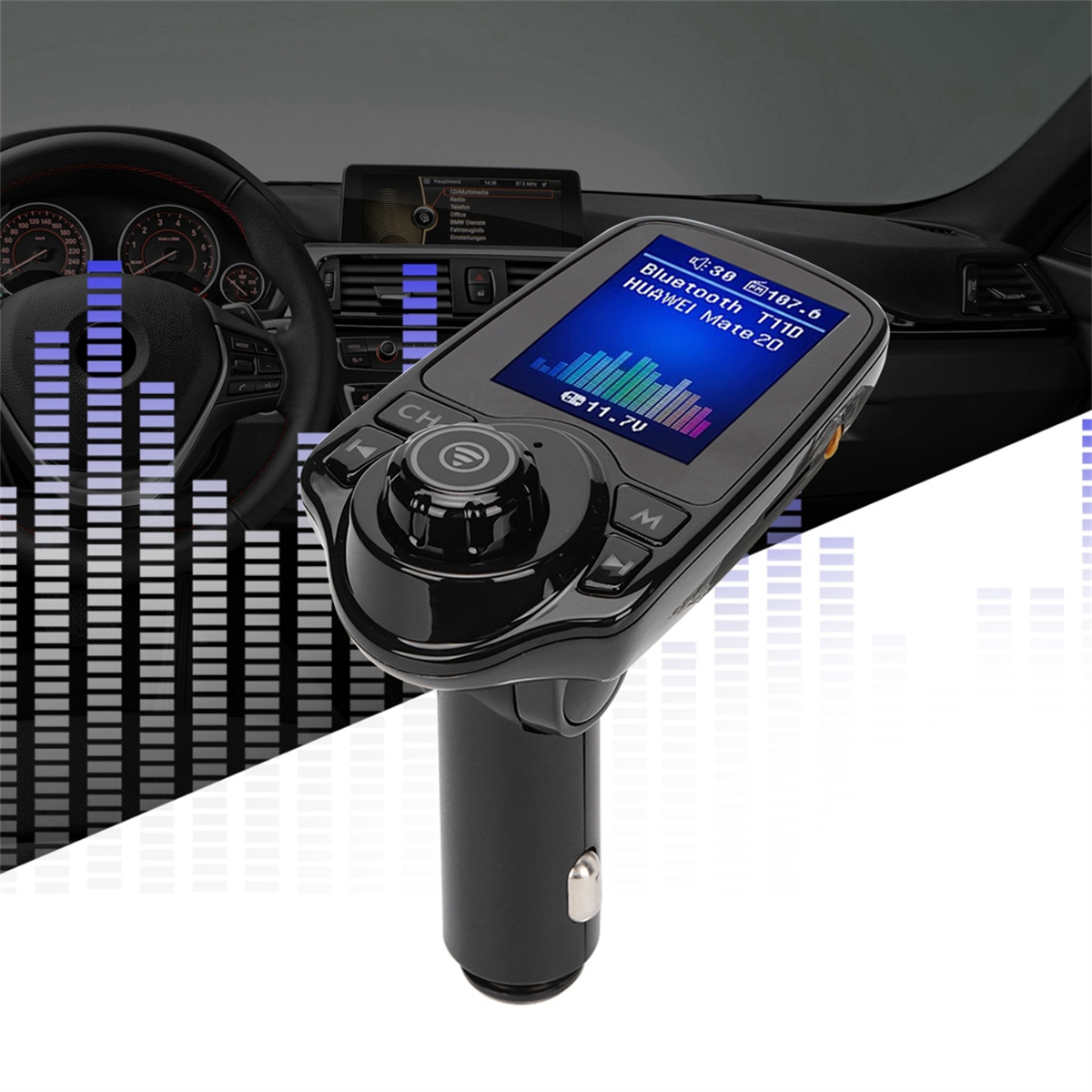 Schwarzer Auto-Bluetooth-FM-Transmitter mit Bildschirm, zeigt Informationen.