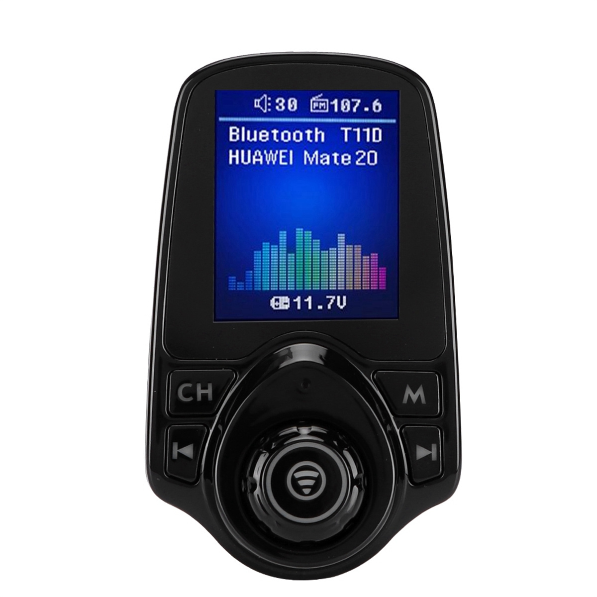 Schwarzer Bluetooth-FM-Transmitter mit LCD-Anzeige mit Informationen.