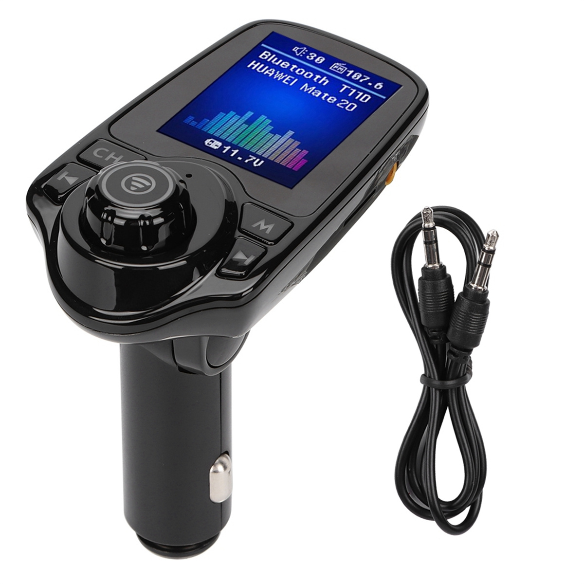 Ein schwarzes Autoladegerät mit Display, das Bluetooth- und Radioinformationen anzeigt, mit Kabel.