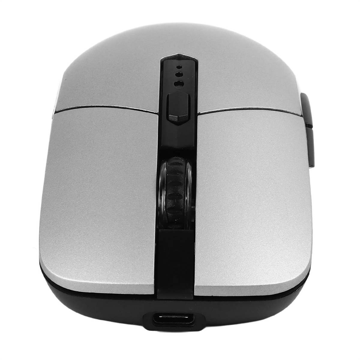 Silberne Computermaus mit schwarzen Akzenten. Sie hat ein Scrollrad und zwei Tasten.