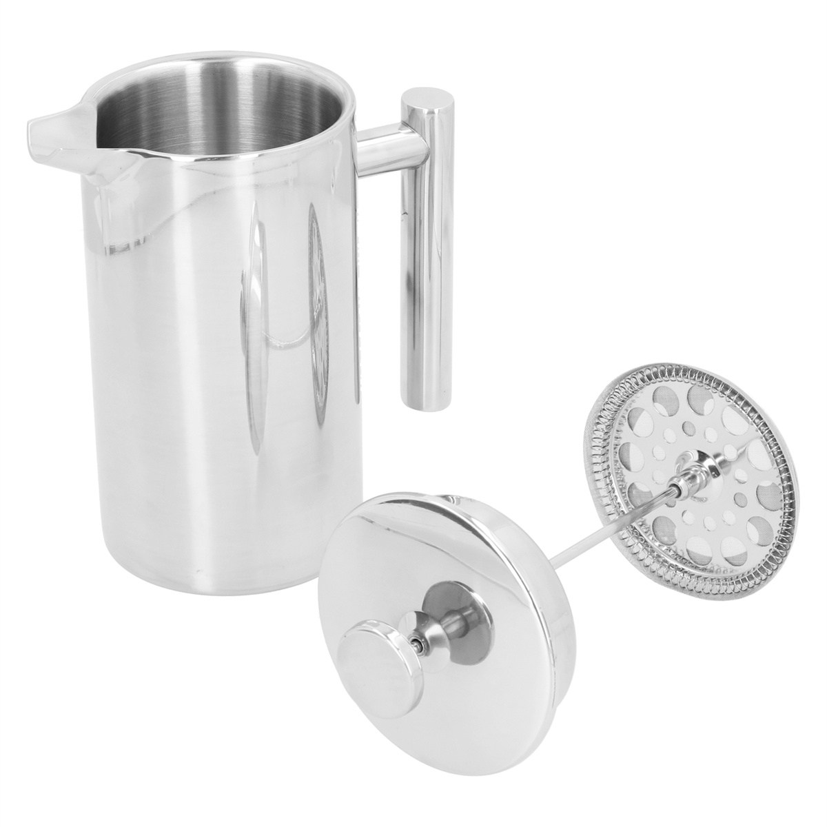 Französische Kaffeepresse aus Edelstahl, mit Deckel und Kolben getrennt, auf Weiß.
