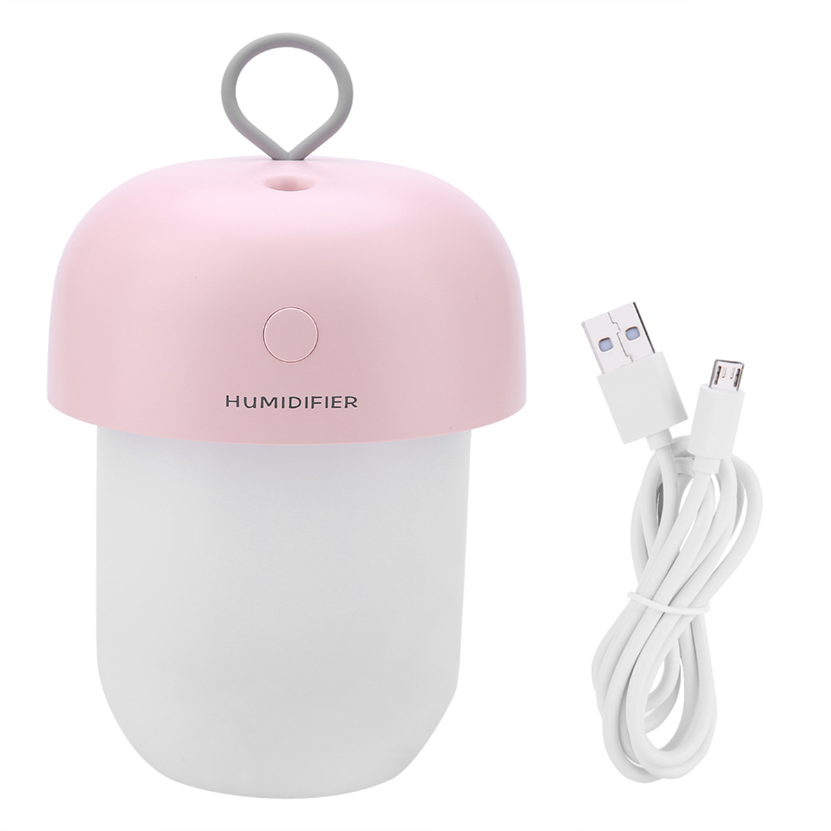 Rosa-weißer Pilz-Luftbefeuchter mit USB-Kabel. Graue Schlaufe oben.