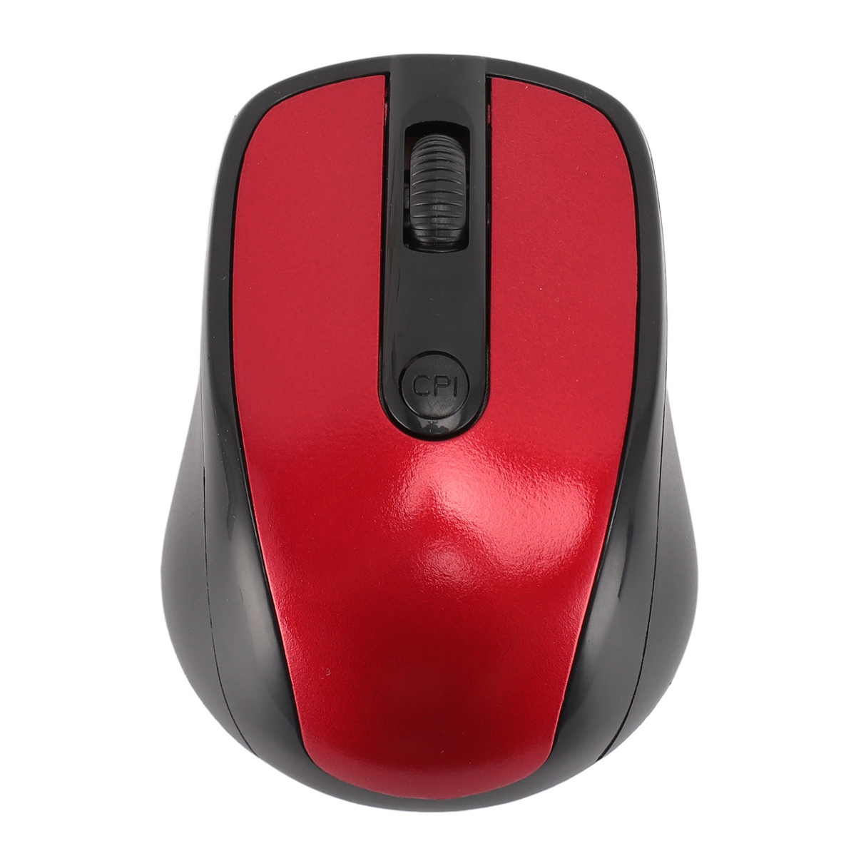 Rote und schwarze kabellose Computermaus mit Scrollrad und CPI-Taste.