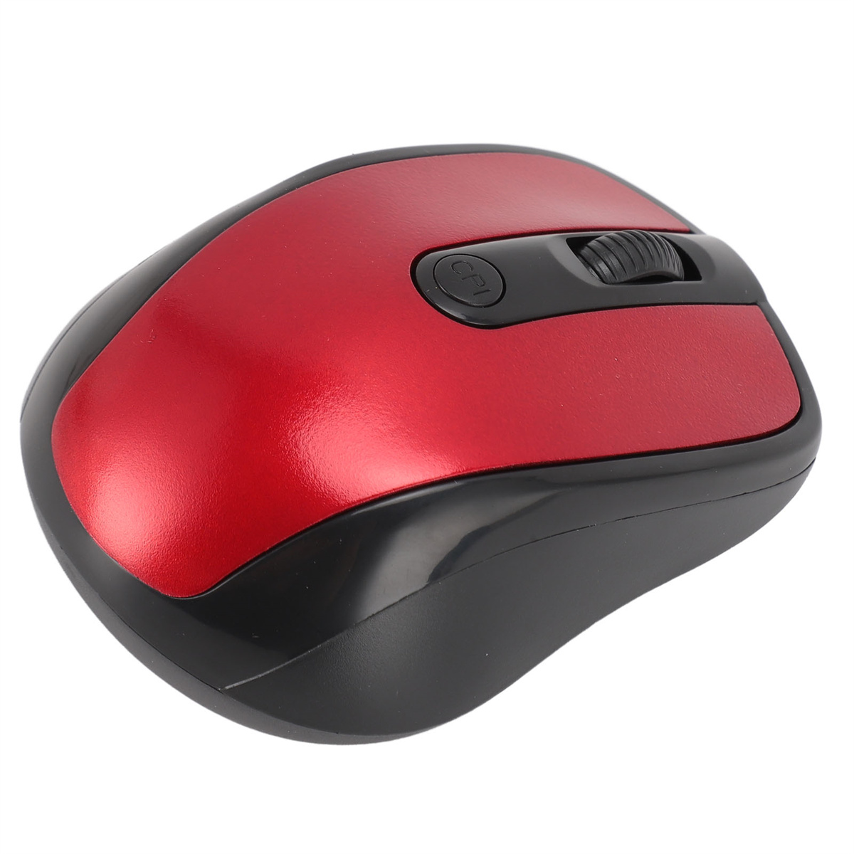 Rote und schwarze Computermaus. Scrollrad und CPI-Taste. Schwarze Basis und rote Oberseite.
