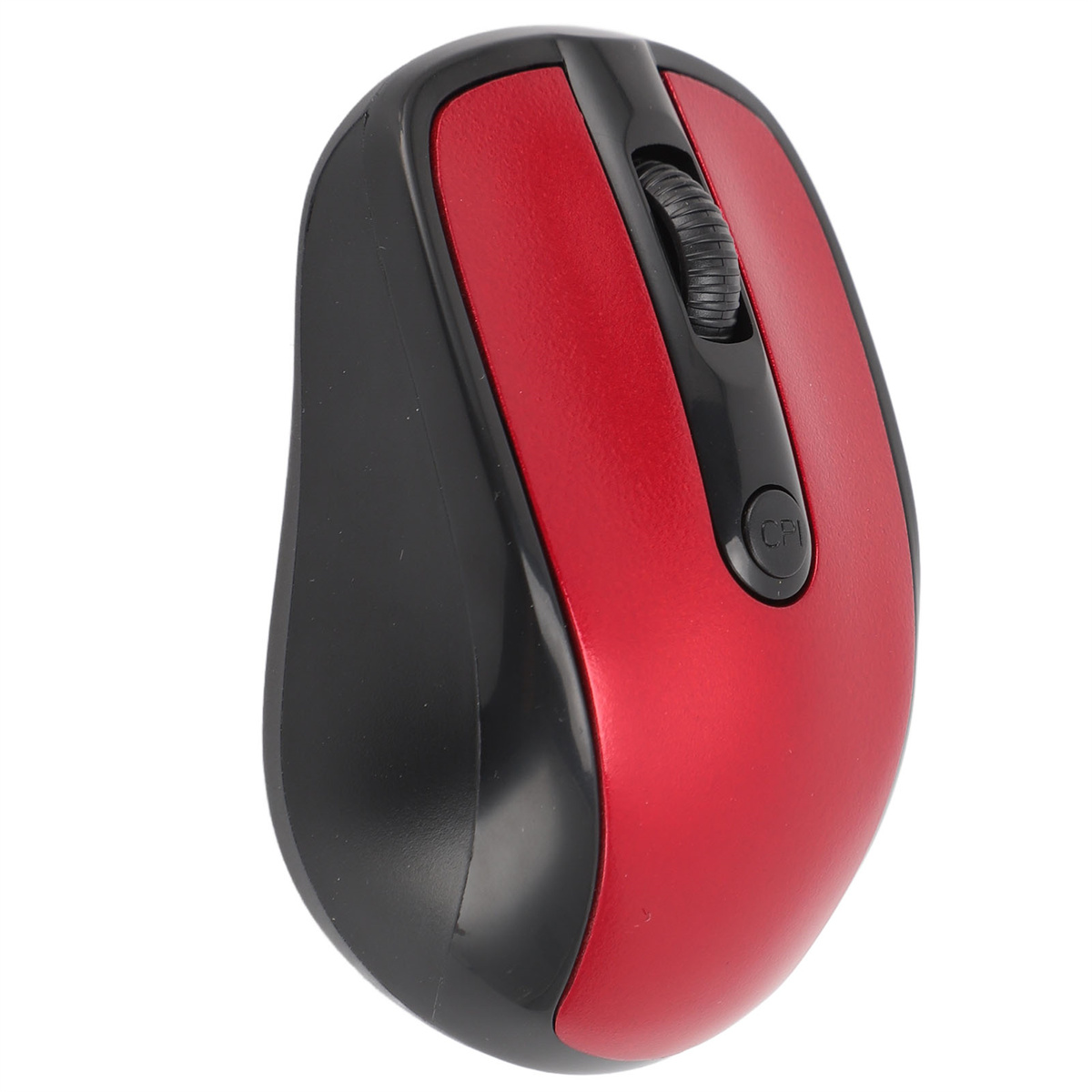 Eine rot-schwarze Computermaus mit einem Scrollrad und einer Taste auf weißem Hintergrund.