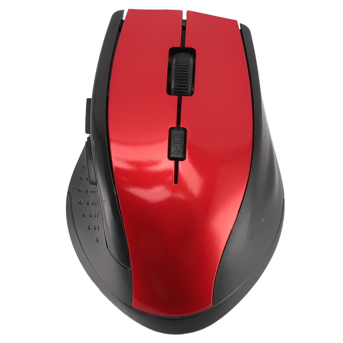 Rote und schwarze Computermaus. Sie hat ein Scrollrad und Tasten. Weißer Hintergrund.