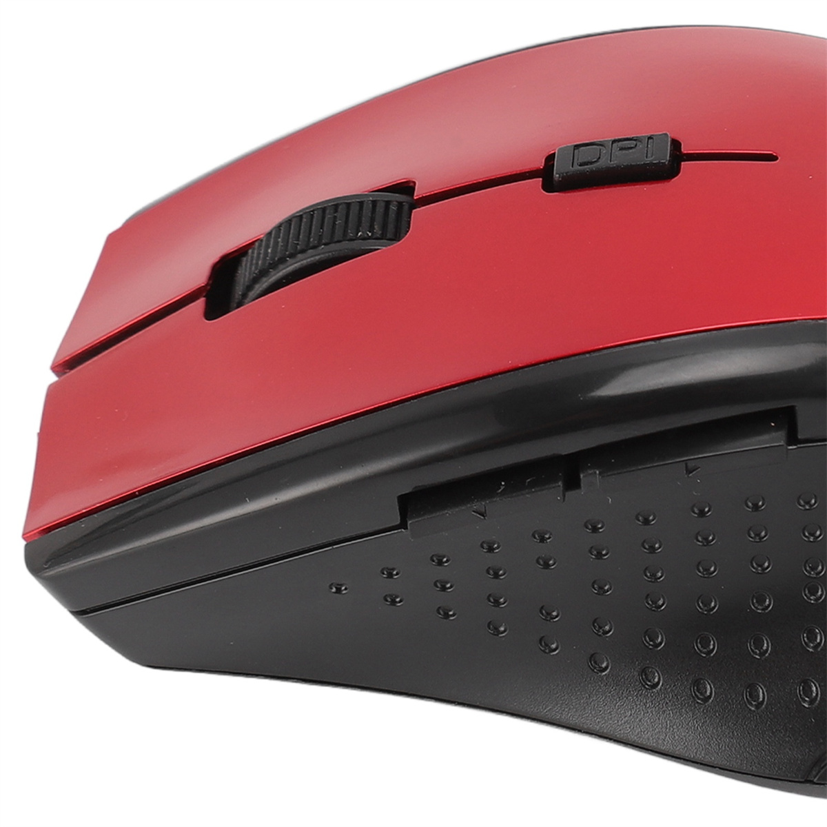 Eine rot-schwarze kabellose Computermaus mit Scrollrad und DPI-Taste.