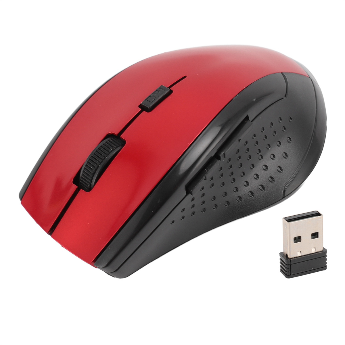 Eine rot-schwarze kabellose Maus mit einem USB-Empfänger.