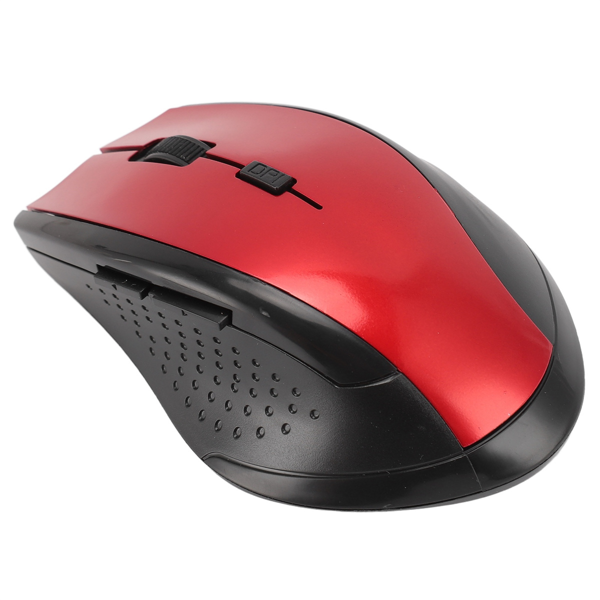 Rote und schwarze kabellose Computermaus mit Tasten und einem Scrollrad.