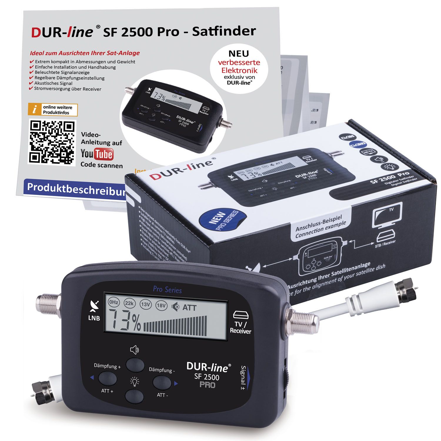 Zwei schwarze Satellitenfinder mit Text. Einer ist in einer Box, der andere obenauf. Weißer Hintergrund.