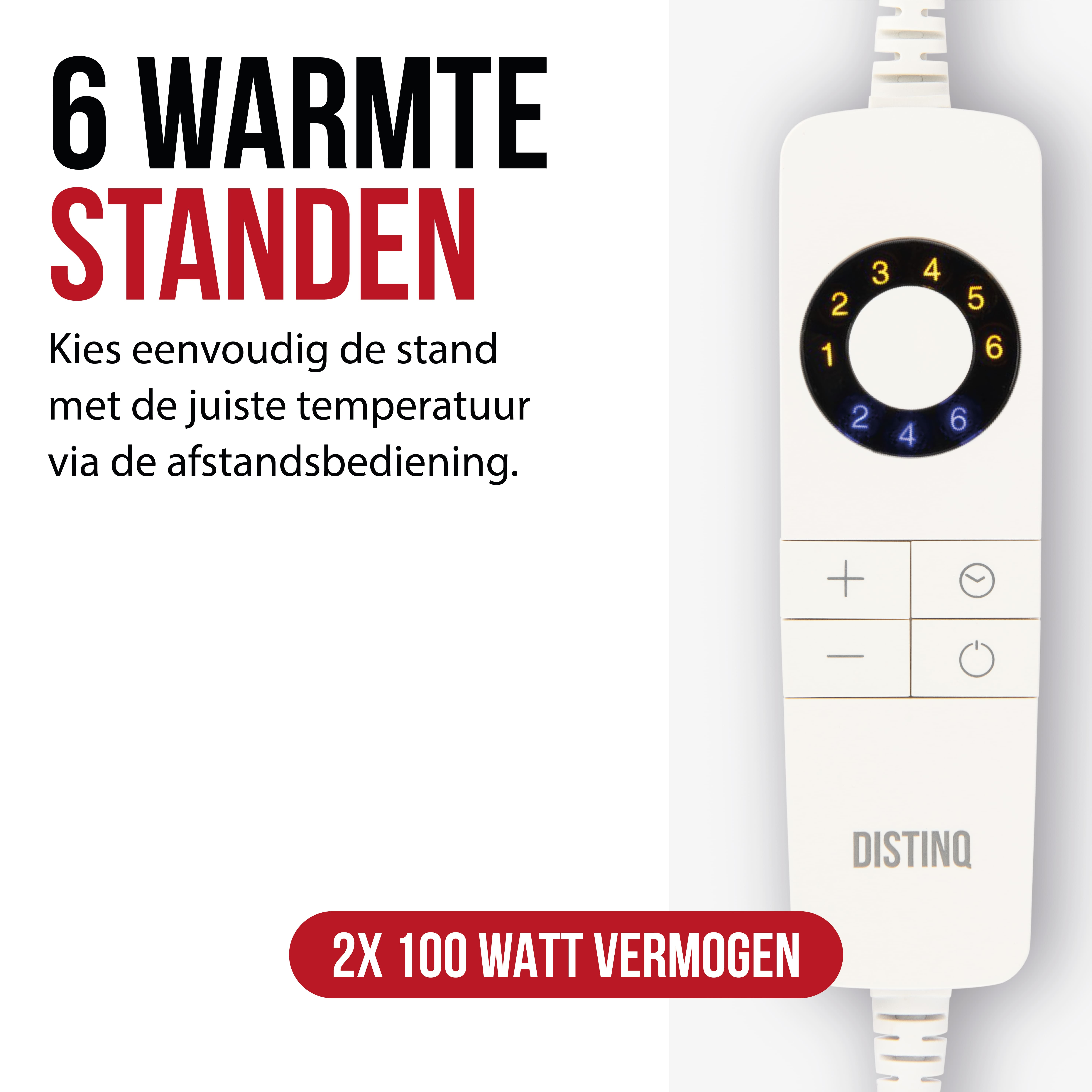 White control panel with dial and buttons. Text: 6 warmth settings. 2x 100W power.
