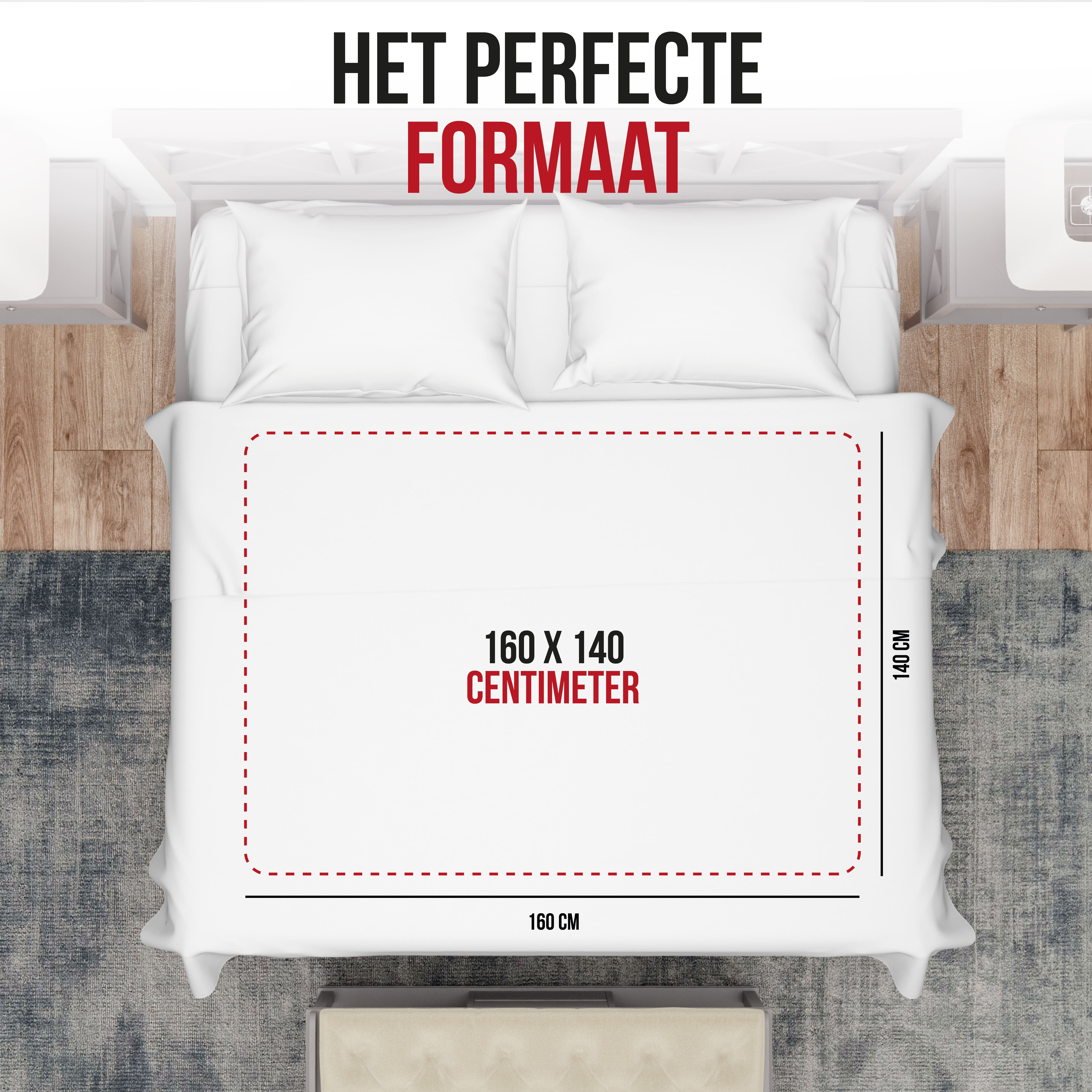 Bed with a red outline of a mattress. Text in Dutch: Het Perfecte Formaat. White bedding.