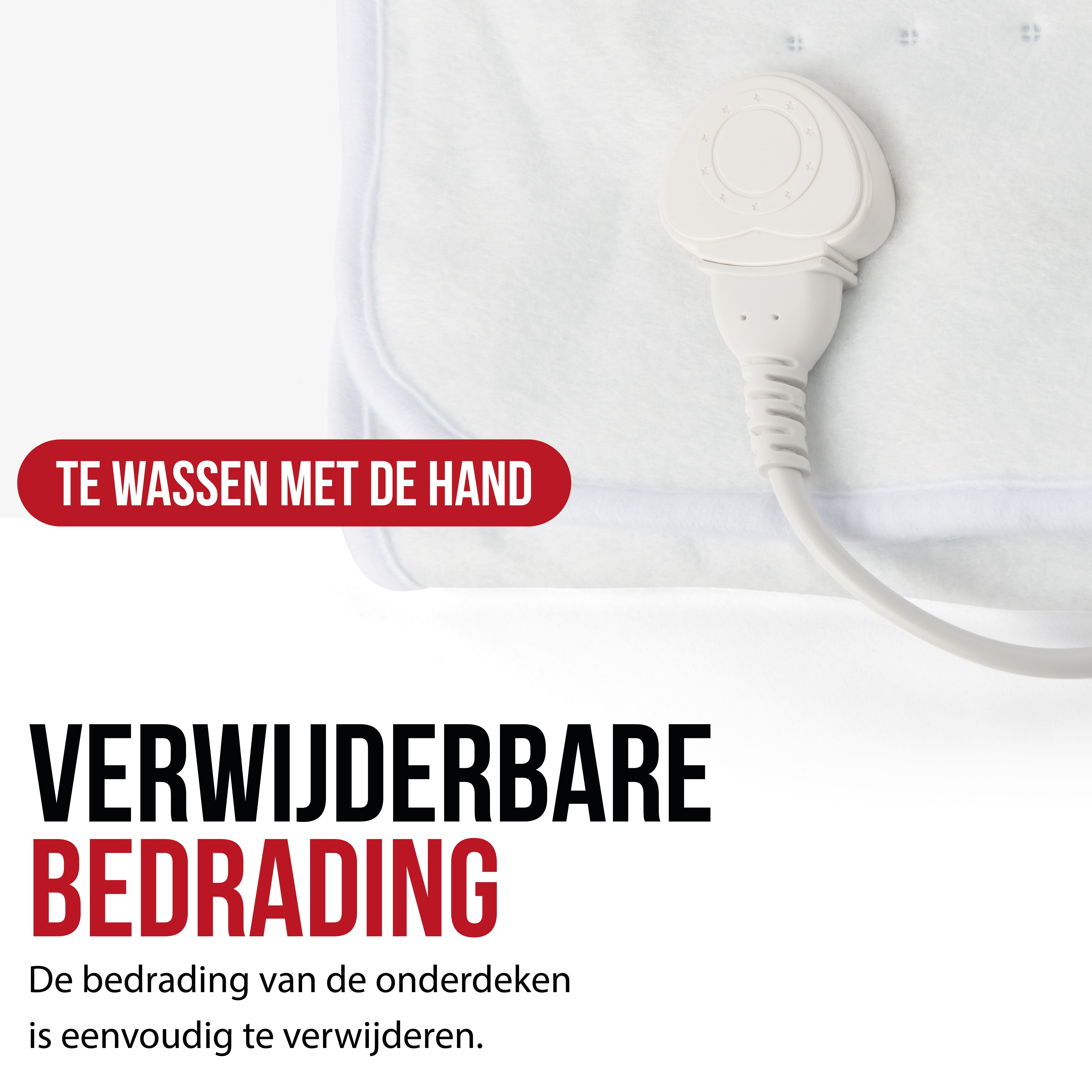 White heated blanket with a control panel. Red text says, 'Wash by hand'.