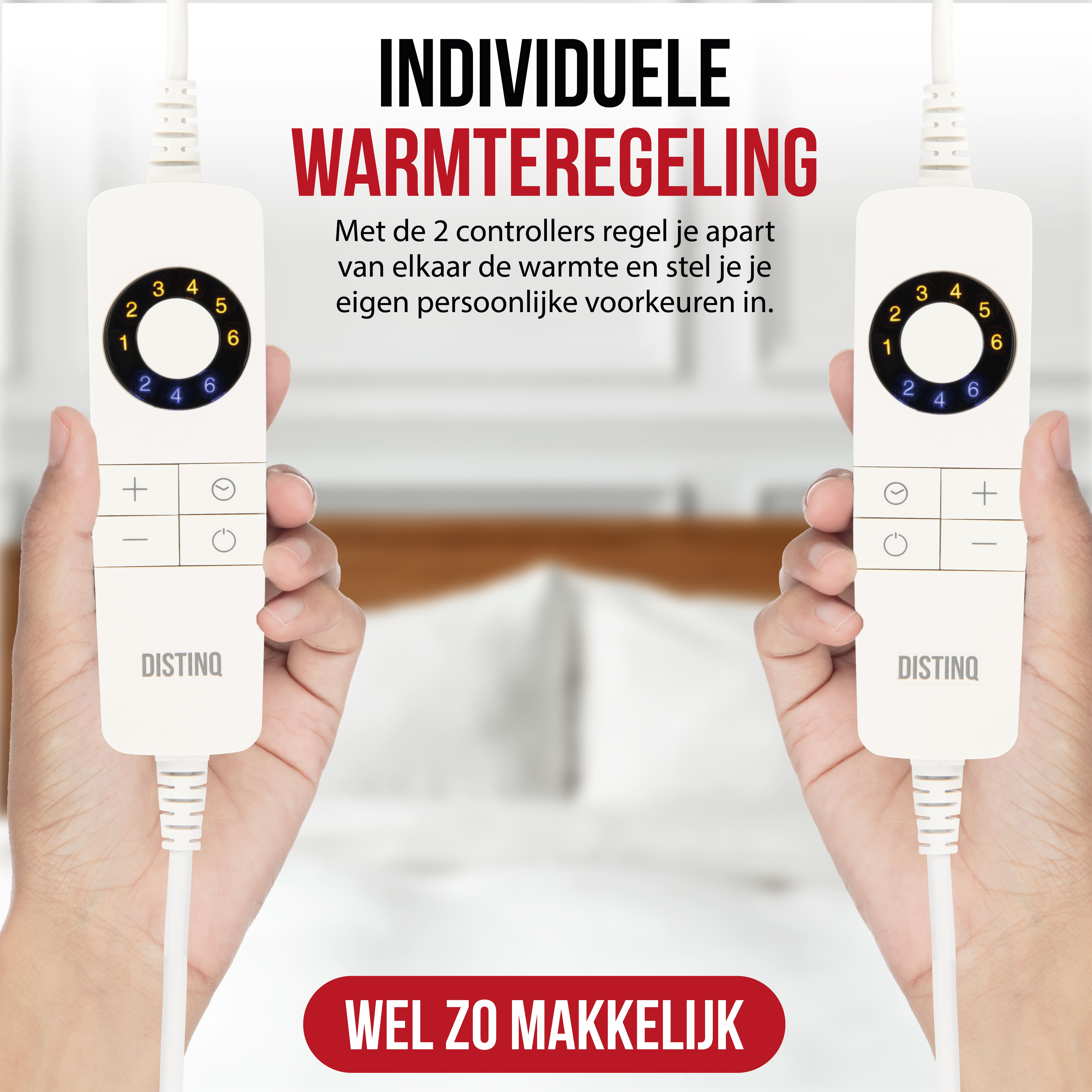 Two white remote controls with dials and buttons, held by hands. Text: Warmteregeling.
