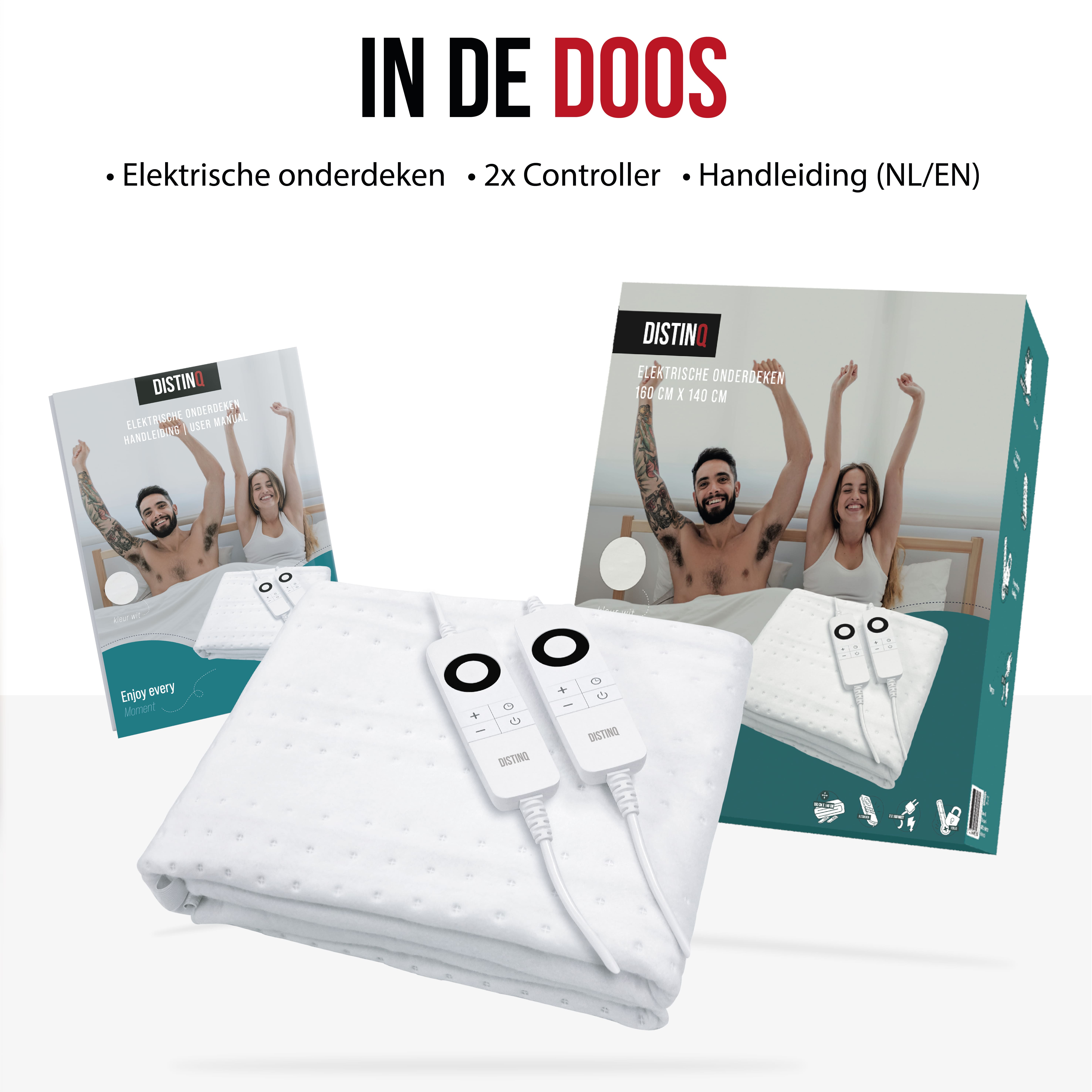 Set with electric underblanket, controllers, and packaging. Text: In The Box.