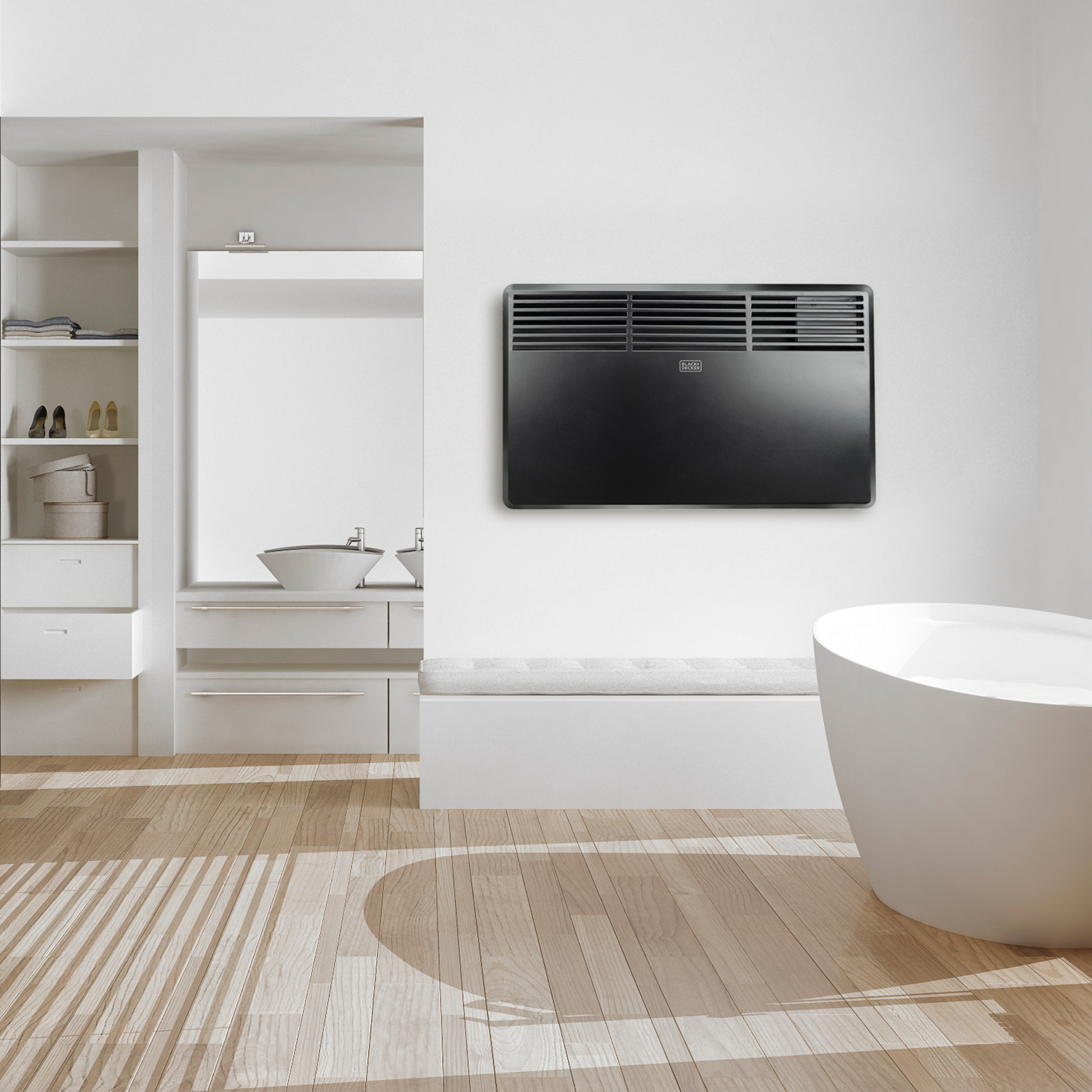 Un baño moderno con un calentador negro en la pared. Piso de madera. Paredes blancas. Bañera blanca.