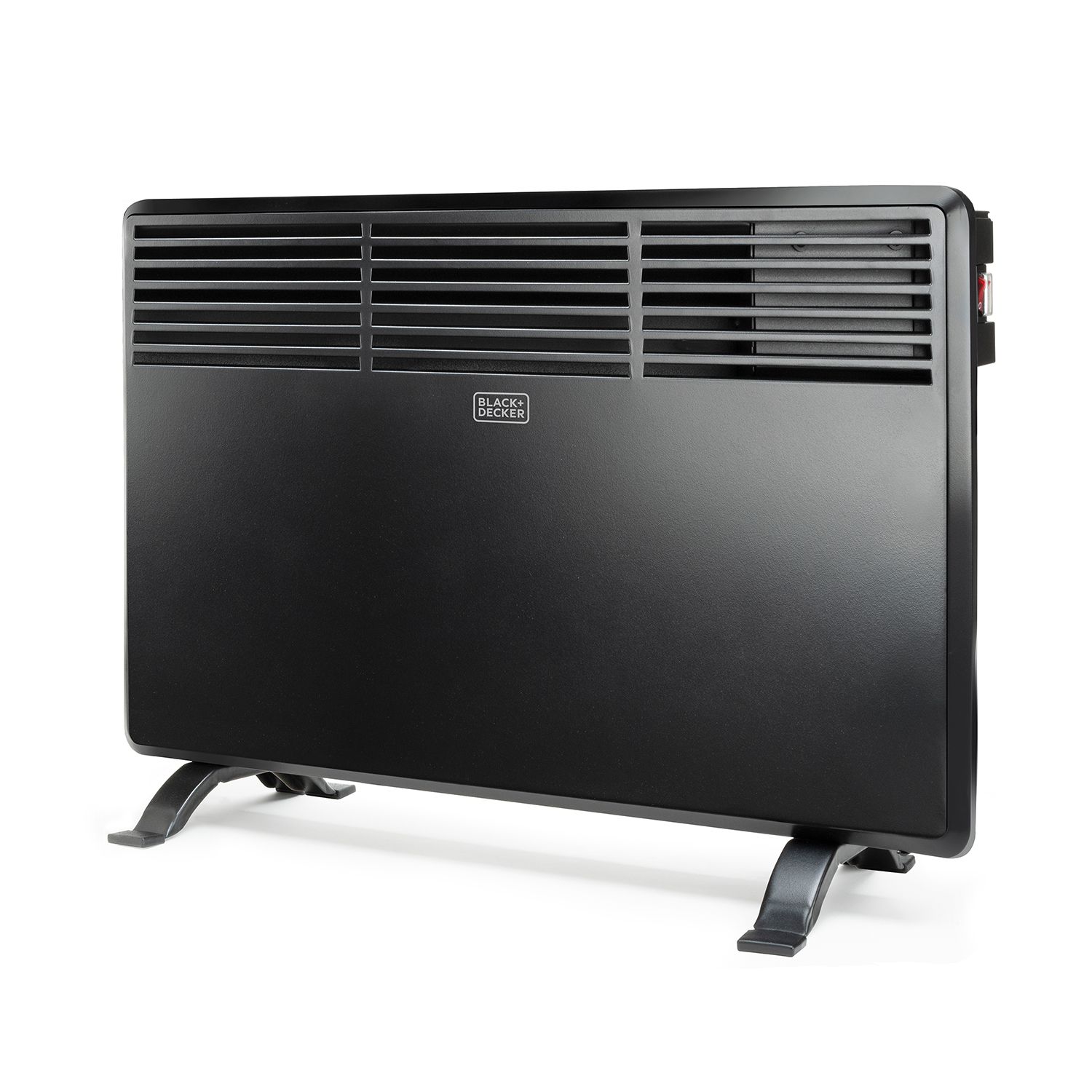 Calentador eléctrico BLACK+DECKER negro. Tiene rejillas horizontales y está sobre fondo blanco.