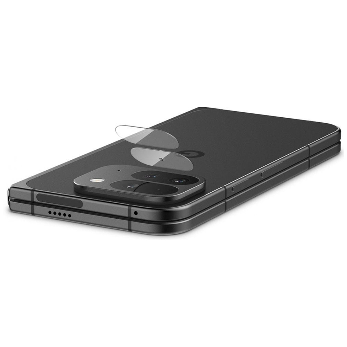 Telefono nero con protezioni schermo sul retro. Le protezioni sono trasparenti.