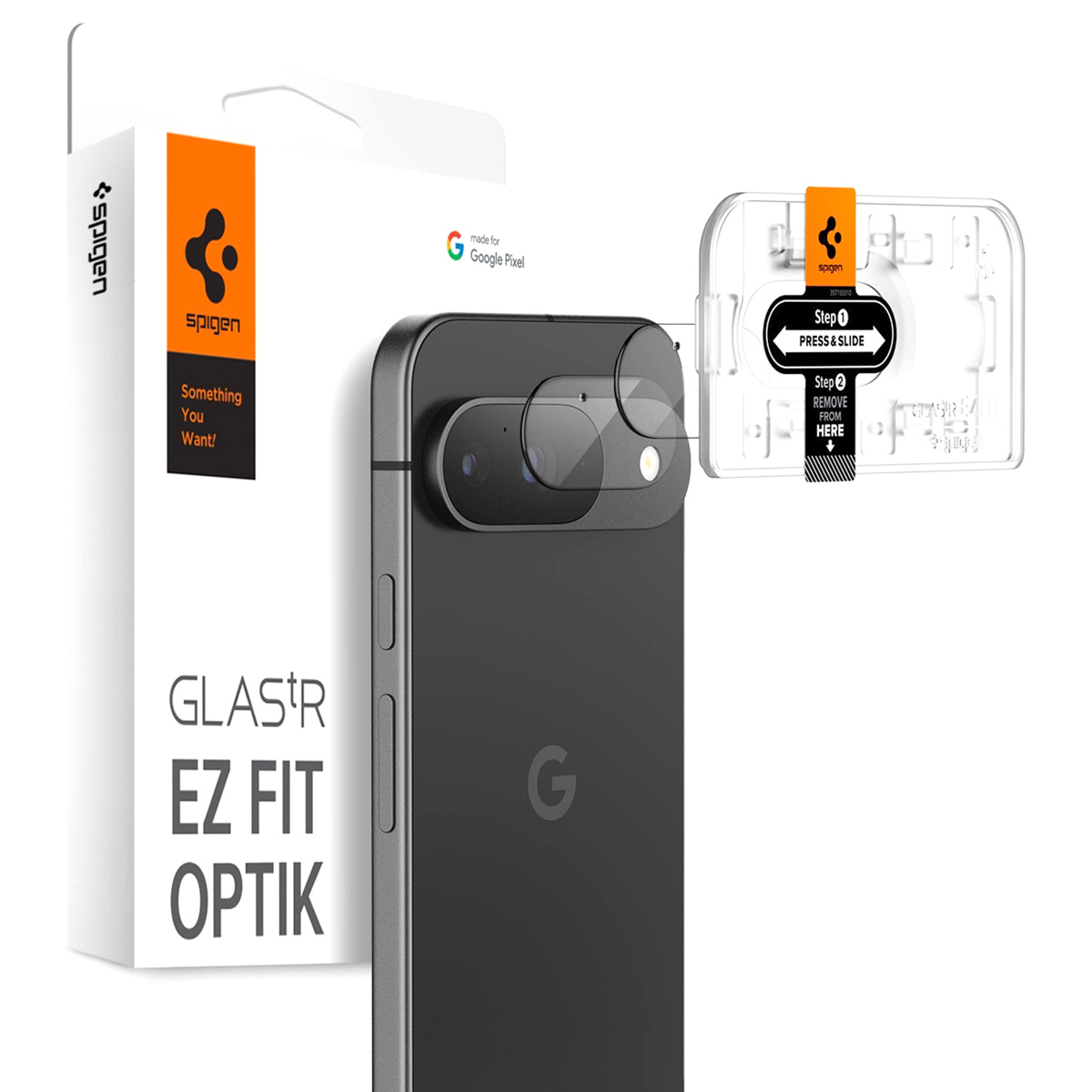Emballage de téléphone et de protection d'écran. Le produit est pour Google Pixel. L'emballage montre des instructions.