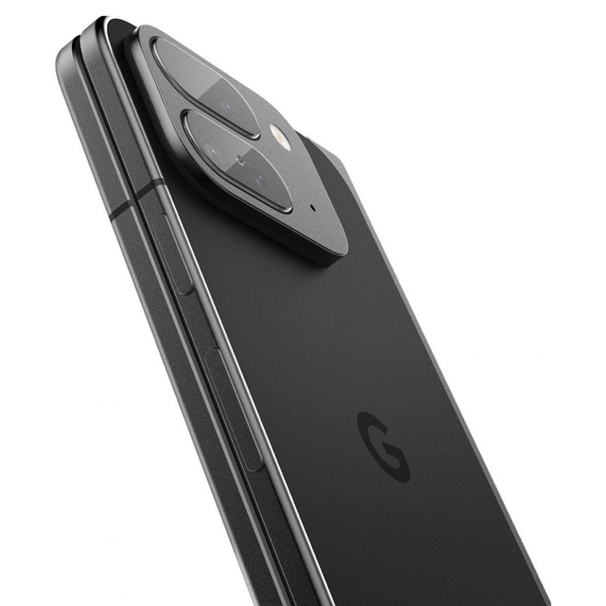 Telefono nero. Il retro ha tre fotocamere e la lettera G.