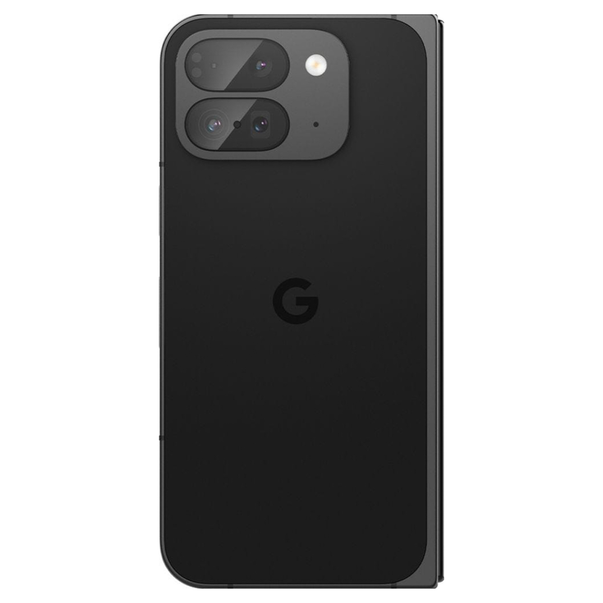 Un telefono nero con una fotocamera a doppia lente e un flash bianco. Il telefono ha un logo G sul retro.