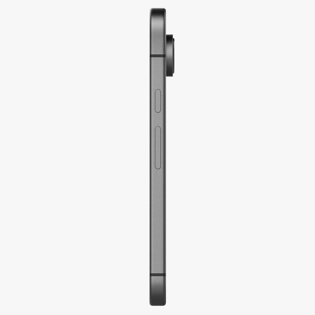 Téléphone noir, vue latérale, montrant la caméra et les boutons de volume. Fond gris.