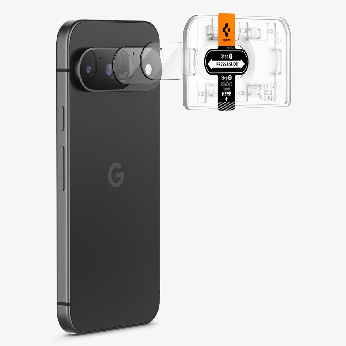 Téléphone noir avec protecteur d'objectif et outil d'alignement. Protecteur à droite, avec instructions.