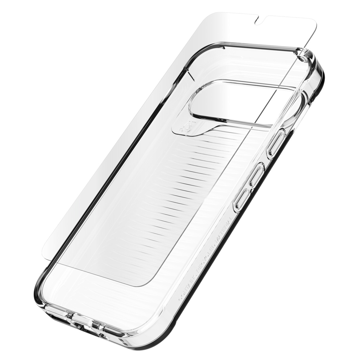 Transparente Handyhülle und Displayschutz, schräge Ansicht.