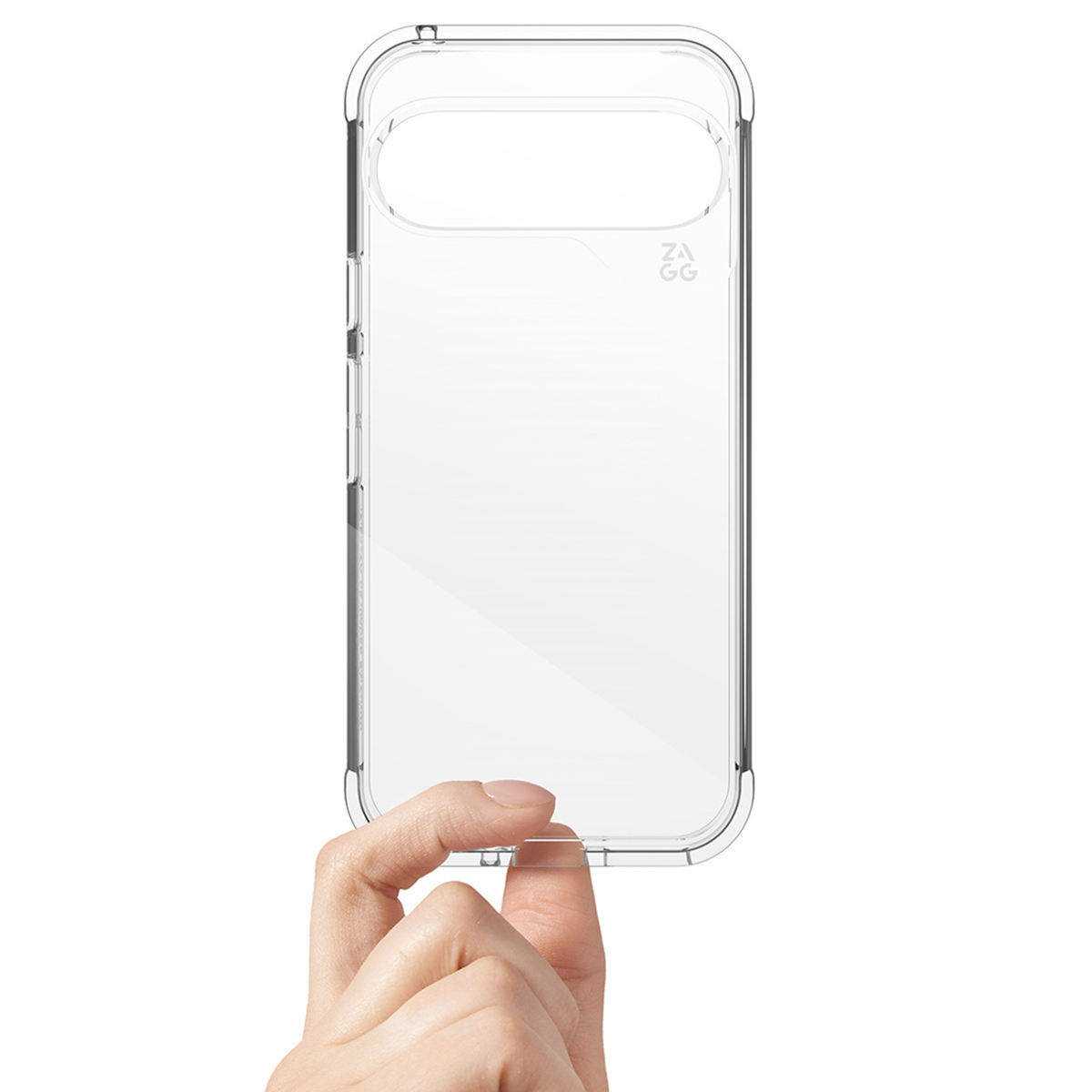 Transparente Handyhülle, gehalten von einer Hand. Die Hülle ist transparent.