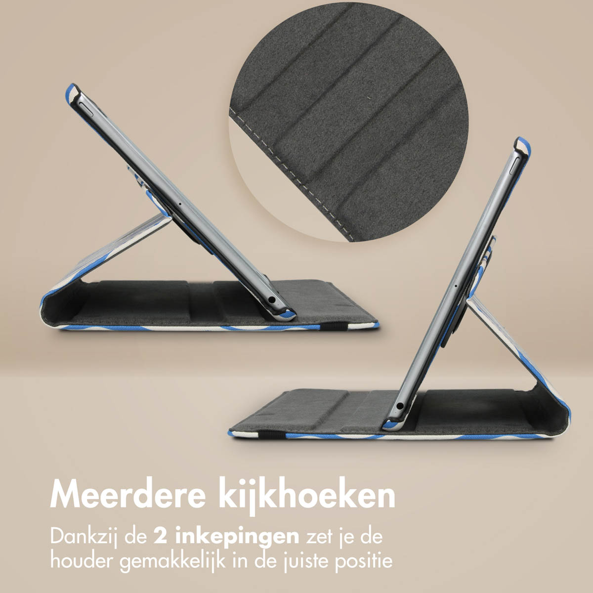 Tablet in a case, shown at two angles, with a close-up of the case texture.
